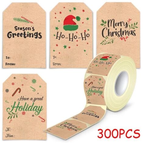 Autocollants de Noël - Décoration festive - 300 pièces - Papier kraft - Forme ronde - 7,5 x 5 cm