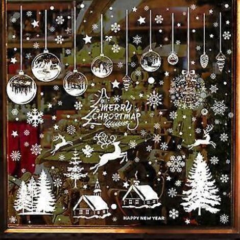 Autocollants de Noël Haigou pour vitrines - En PVC - Décoration pour portes, fenêtres, vitrines, façades vitrées (Blanc pur)