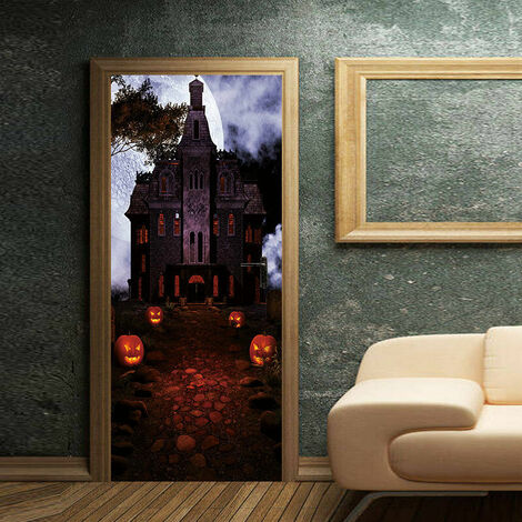 Autocollants de porte de château de citrouille d'Halloween 3D, 30 x 80 pouces, autocollant de papier peint de porte réaliste de château de citrouille horrible pour la décoration d'Halloween, décoratio