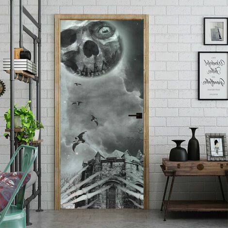 Autocollants de porte de château de squelette d'Halloween 3D, papier peint de porte de château de squelette réaliste de 30 x 79 pouces pour la décoration d'Halloween