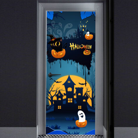 Autocollants de porte de château fantôme d'Halloween 3D, 30 x 79 pouces, papier peint de porte de château fantôme réaliste pour la décoration d'Halloween, autocollants amovibles pour la fête à la mais