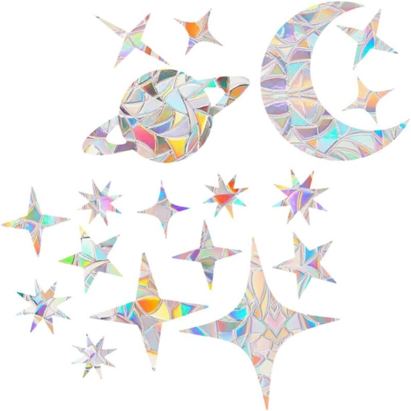Autocollants de protection contre les oiseaux pour fenêtre - Motif arc-en-ciel - Étoiles et lune - Avec effet prisme - Pour vitres en verre - Film
