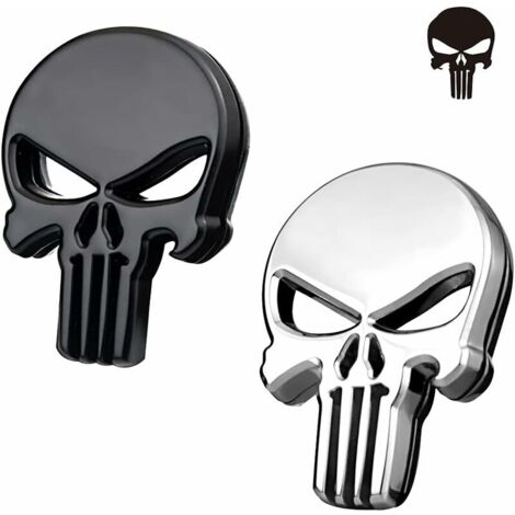 Autocollants de Voiture de Crâne 3D - Argenté et Noir - Autocollants de Voiture Tête de Mort en Métal Style de Punk pour Décoration de 4 Pièces