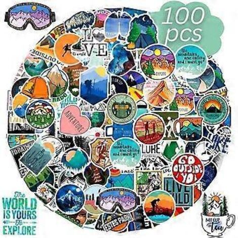 Autocollants de voyage - 100 autocollants de camping - Autocollants pour ordinateur portable - Autocollants adhésifs - Autocollants pour adultes - Autocollants pour enfants - PVC - 4-7 cm - Pour ordin