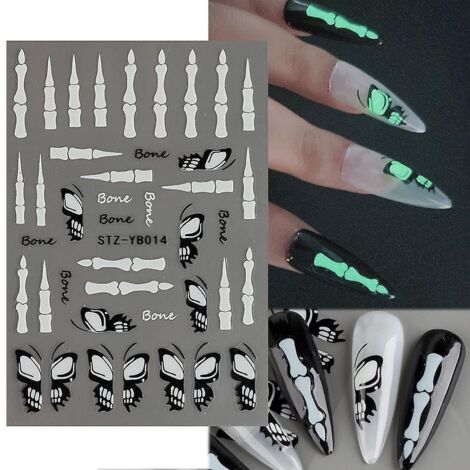 Autocollants lumineux pour ongles d'Halloween - 1 feuille avec motifs papillon, crâne et Bundy