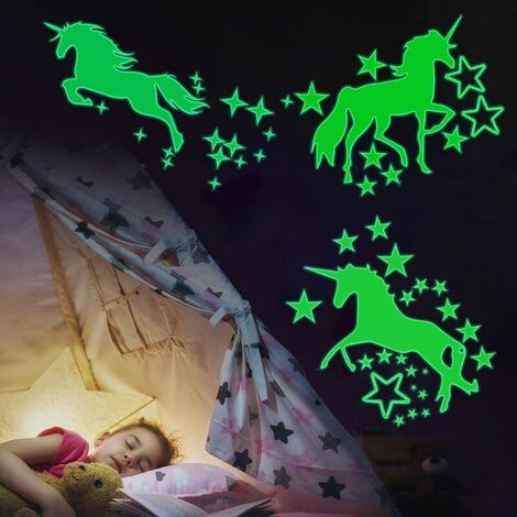 Autocollant mural licorne phosphorescent, pour chambre de fille, étoile,  château arc-en-ciel, princesse, décoration de plafond