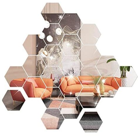 Autocollants muraux à poser soi-même, ensemble de 36 autocollants miroir en acrylique, autocollants muraux miroir hexagonaux pour la décoration du salon et de la chambre à coucher (argent)