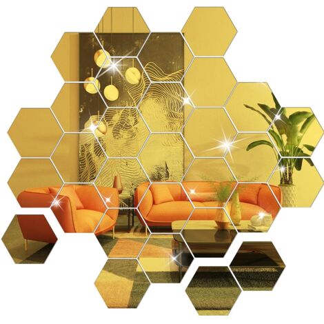 Autocollants muraux à poser soi-même, ensemble de 36 autocollants miroir en acrylique, autocollants muraux miroir hexagonaux pour la décoration du salon et de la chambre à coucher (dorés)