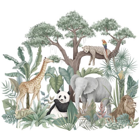 Autocollants muraux animaux de la jungle de dessin animé, éléphant girafe panda léopard plantes vertes animaux autocollants de papier peint pour enfants, art de zoo amovible bricolage pour chambre de