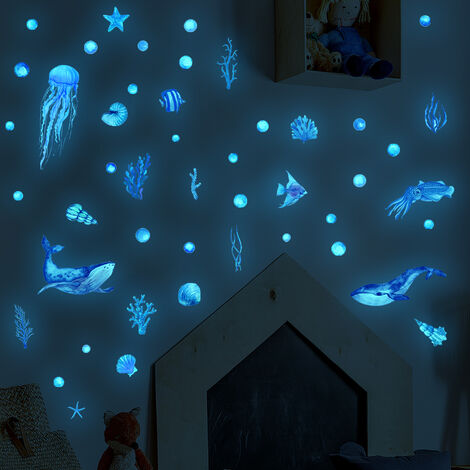 Autocollants muraux bleus du monde sous-marin autocollants phosphorescents autocollants pour chambre d'enfant autocollants muraux décoratifs auto-adhésifs