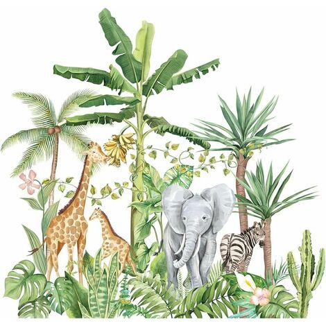 Autocollants muraux Cartoon Animal de forêt tropicale humide, amovibles de plantes vertes Lion Girafe Éléphant Stickers, DIY Mur Art Décor Décorations Pour La Mur Fenêtres Maison pour Salon,7572cm