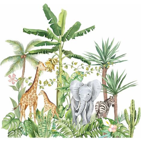 Autocollants muraux Cartoon Animal de forêt tropicale humide, amovibles de plantes vertes Lion Girafe Éléphant Stickers, DIY Mur Art Décor Décorations Pour La Mur Fenêtres Maison pour Salon,7572cm,Sta