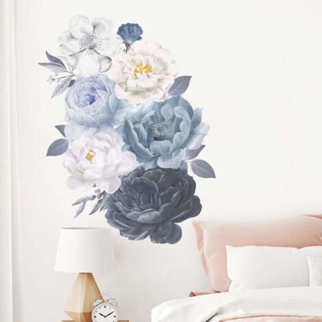 Autocollants Muraux Fleurs Aquarelle Noir Blanc Bleu Pivoine Nature Plante Vinyle