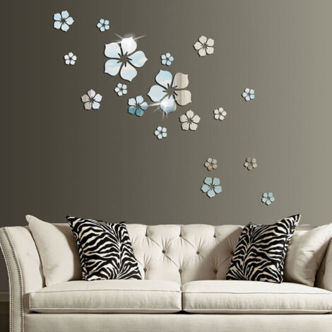 Autocollants muraux, Lot de 18 autocollants muraux miroir en acrylique avec fleurs décoration murale pour chambre salle de bain salon (argent)