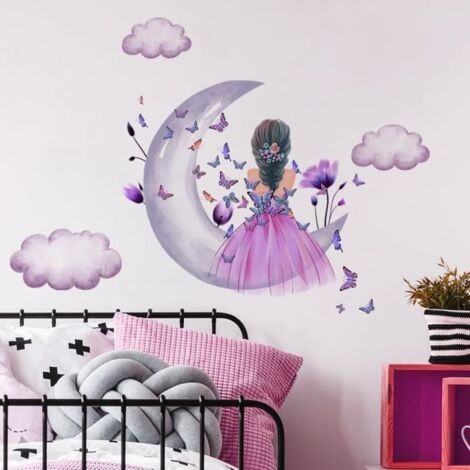 Autocollants muraux - Papillon et lune - PVC imperméable - Décoration colorée - Pour chambre d'enfant