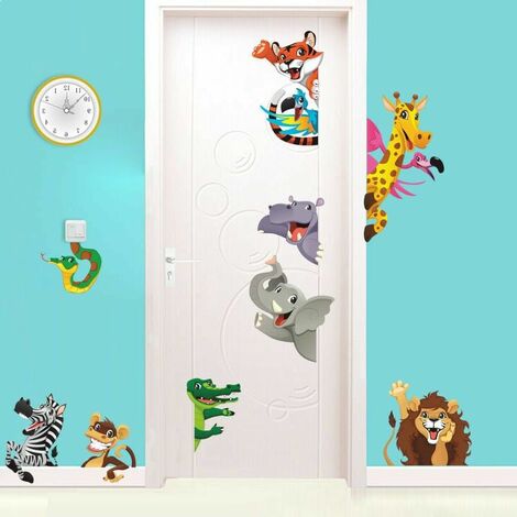 Autocollants muraux pour animaux de la jungle, affiches en PVC Floral art DIY, décoration de porte pour enfants dessins animés Lions éléphants girafes autocollants muraux
