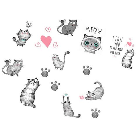 Autocollants muraux pour chats de dessin animé - 9 chatons mignons avec des autocollants muraux en forme de coeur de papillon pour enfants chambre, salon, nurserie et décoration de maison