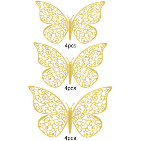 Autocollants Papillon 3D Décoratifs [12 Pièces] Multicolore (Or, Argent, Rose) en Papier - Dimensions Variées (12x8.8cm, 10x7.2cm, 8x5.8cm) pour Mur et Événements