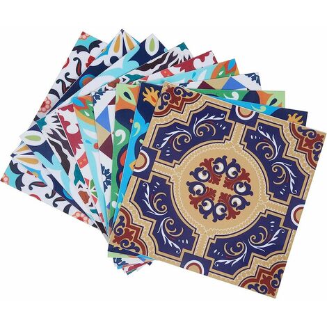 Autocollants pour Carreaux de Taille 20x20cm, Adhésive Stickers Carrelage en PVC Imperméable, Stickerscarrelage Auto-adhésif pour Salle de Bain et Cuisine, Style Méditerranéen 10 Pieces（Multicolore）