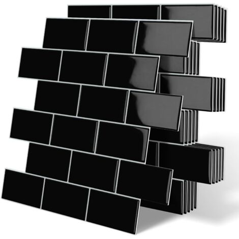 Autocollants pour carrelage noir 30,5 x 30,5 cm, 6 feuilles, autocollants muraux imperméables et résistants à l'humidité pour cuisine et salle de bain