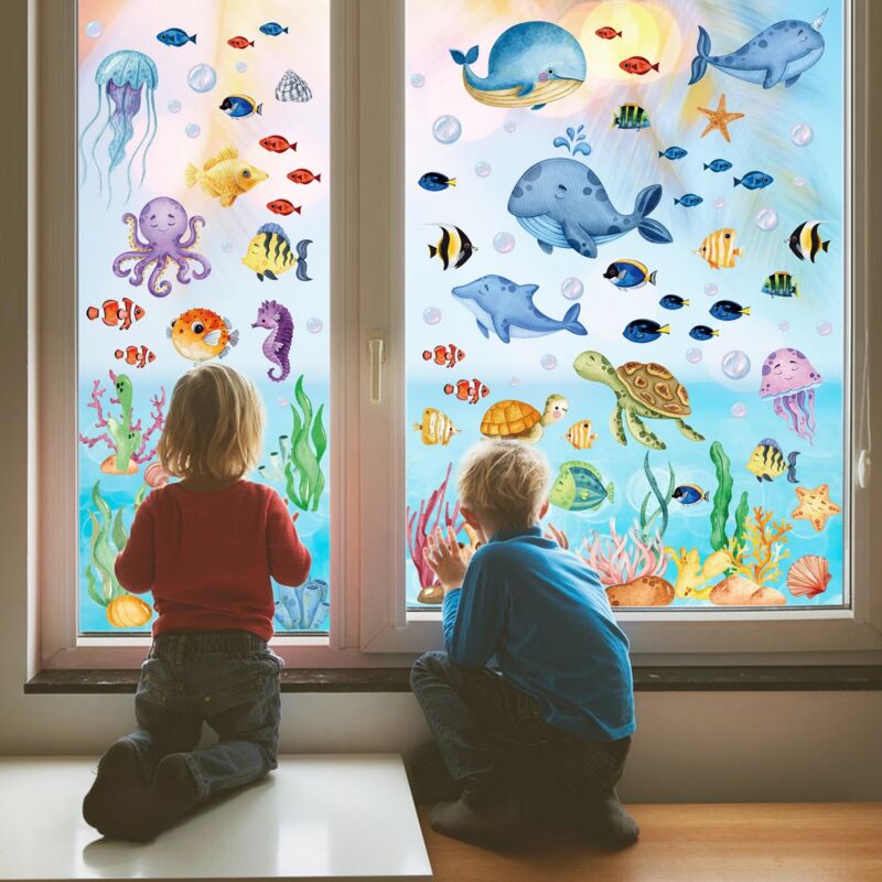 Autocollants pour fenêtres de chambre d'enfant - 9 feuilles d'autocollants réutilisables sur le thème du monde sous-marin avec des animaux marins,