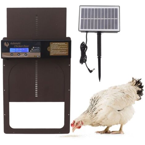 Automatic chicken coop door with solar-powered timer, IP45 waterproof aluminum poultry doors, programmable LED display, and light sensor.