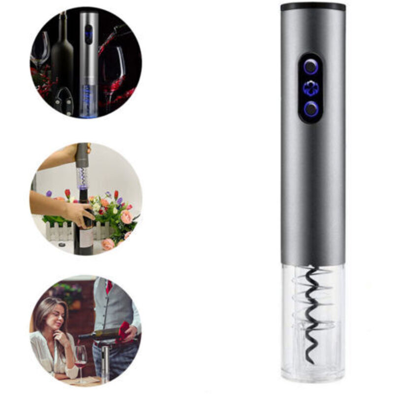 Automatic Electric Wine Opener Corkscrew with Foil Cutter, Battery Operated - Silver Gray--TRIMEC