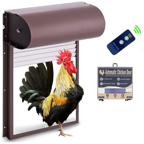 Automatic programmable chicken coop door, Powerd Metal Rolling Chicken Coop Door, with Timer, Light Sensor, Remote Control, 3 Modes, Brown