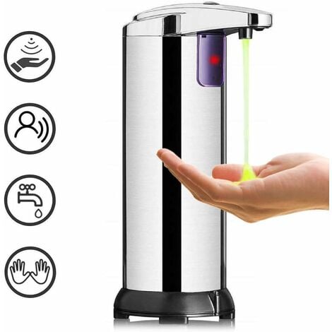 Automatic soap dispenser - Stainless steel sensor - Modern touchless soap dispenser - With waterproof base - For bathroom, kitchen and office - 250 ml - Silver