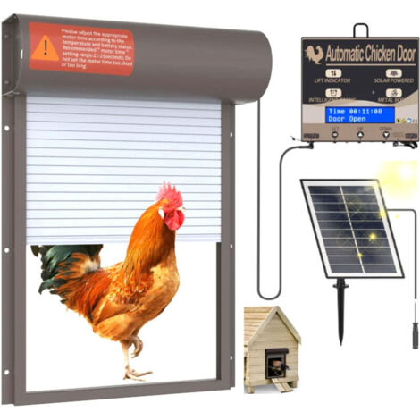 Automatic solar-powered chicken coop door with timer, LED display, black