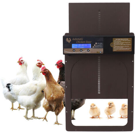 Automatische Hühnerstalltür von SUNXURY mit Zeitschaltuhr, aus Aluminiumlegierung, wasserdicht (IP45), LED-Anzeige, batteriebetrieben, für den landwirtschaftlichen Einsatz, brauner Kaffee
