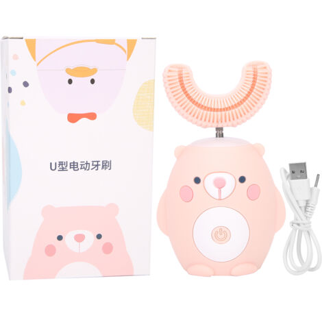 Automatische, U-förmige elektrische Zahnbürste für Kinder, niedliches Teddybär-Design – Rosa