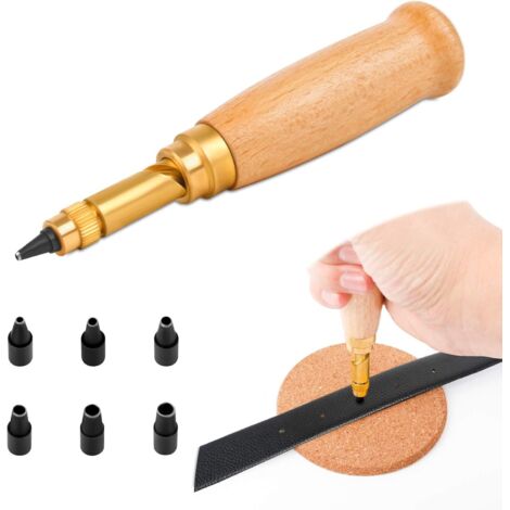 Automatischer Lederstanzer, Holzgriff mit 6 Werkzeugen, Buchbindespitzen, 1,5 mm, 2 mm, 2,5 mm, 3 mm, 3,5 mm, 4 mm, austauschbare Stanzer, zum Nähen, Leder, Papier, Basteln