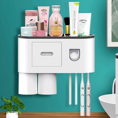 Automatischer Zahnpastaspender zur Wandmontage mit Zahnbürstenhalter, 4 Zahnbürstenfächern mit Deckel, multifunktionaler Zahnbürstenorganizer (2 Becher)