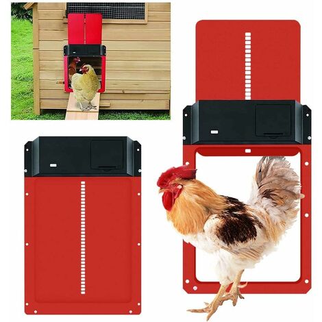 Automatisches Hühnerstalltür-Kit, batteriebetriebene automatische Hühnerstalltür mit Timer und Lichtsensor (rot)