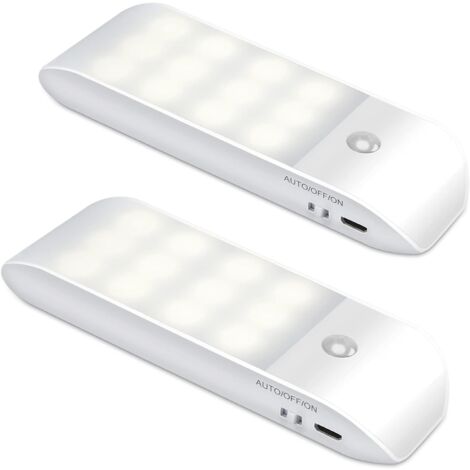 Automatisches LED-Nachtlicht [2er-Pack], 12 LEDs, USB wiederaufladbar, Schrank-Nachtlampe mit Bewegungssensor, selbstklebender Magnetstreifen, 3 Modi (Auto/An/Aus) für Schlafzimmer, Treppen, Kleidersc