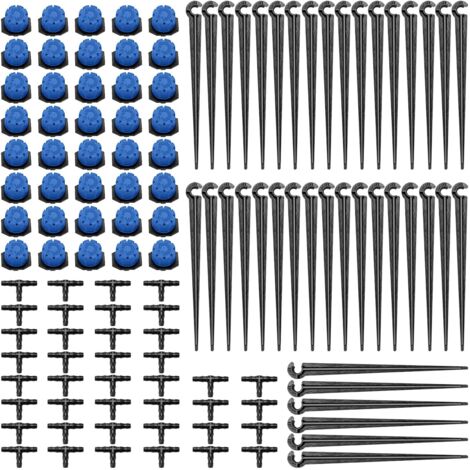 Automatisches Tropfbewässerungsset (4/7 mm), 120-teilig, bestehend aus 40 verstellbaren Tropfern, 40 Schlauch-T-Stücken und 40 Befestigungsstiften für 4/7-mm-Tropfschläuche, für den Garten, Blau