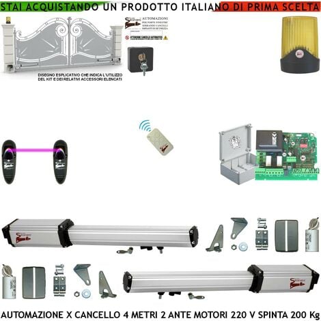 Automazione Cancello 4 Metri 2 Ante da 2 MT Kit Base 2 Motori Elettromeccanici 230 V Corsa 300 mm Spinta 2 Q.li Sblocco Staffe Radiocomando Coppia di Fotocellule Selettore 2 Ck Faro Cartello Monitore