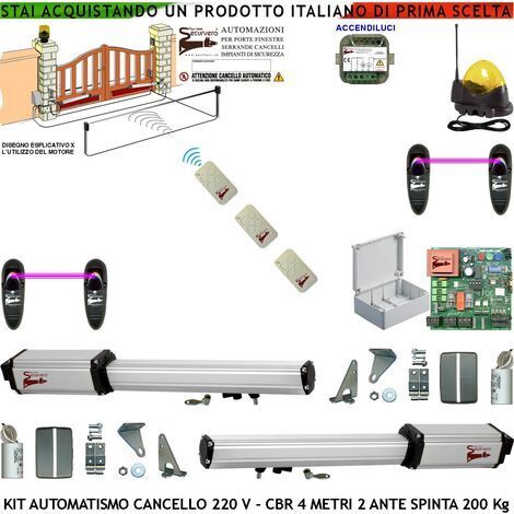Automazione Cancello 4 Metri 2 Ante da 2 MT Kit Motori Elettromeccanici 230 V Sblocco Corsa 300 mm Spinta 2 Q.li Staffe 2 Coppie Fotocellule 2 Pali 4 Radiocomandi Selettore 2 Ck Faro Cartello Monitore