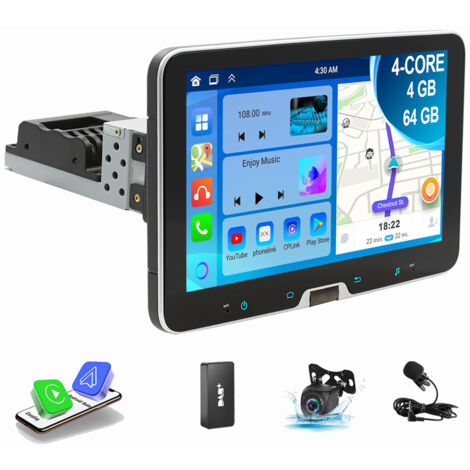 Autoradio 1 DIN 10,1" Android 14 Carplay GPS RDS BT Écran rotatif à 360°2+32G DAB+ CAM