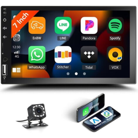 Autoradio 1 DIN 7 Pouces, Écran Tactile avec CarPlay, Bluetooth, Caméra de Recul