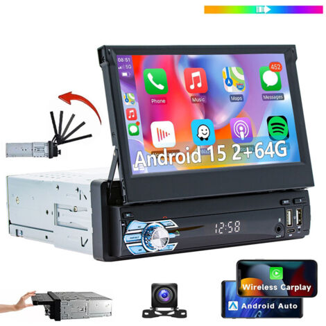 Autoradio 1 DIN 7 pouces rabattable Android 15 Carplay GPS WIFI FM BT - 2+64G CAM