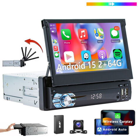 Autoradio 1 DIN 7 pouces rabattable Android 15 Carplay GPS WIFI FM BT - 2+64G DAB+ CAM