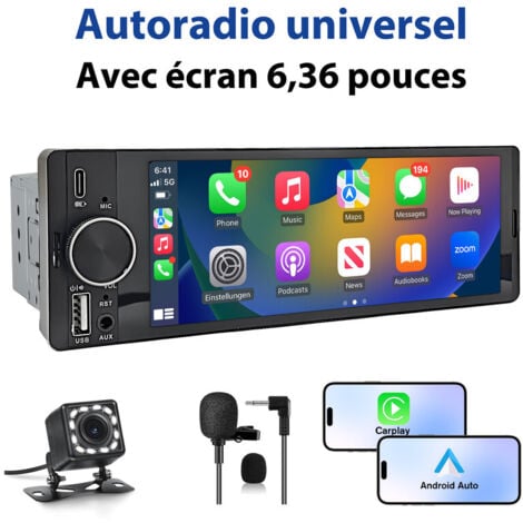 Autoradio 1 DIN avec Apple CarPlay Android Auto et écran tactile 6.36 pouces JUNSUN