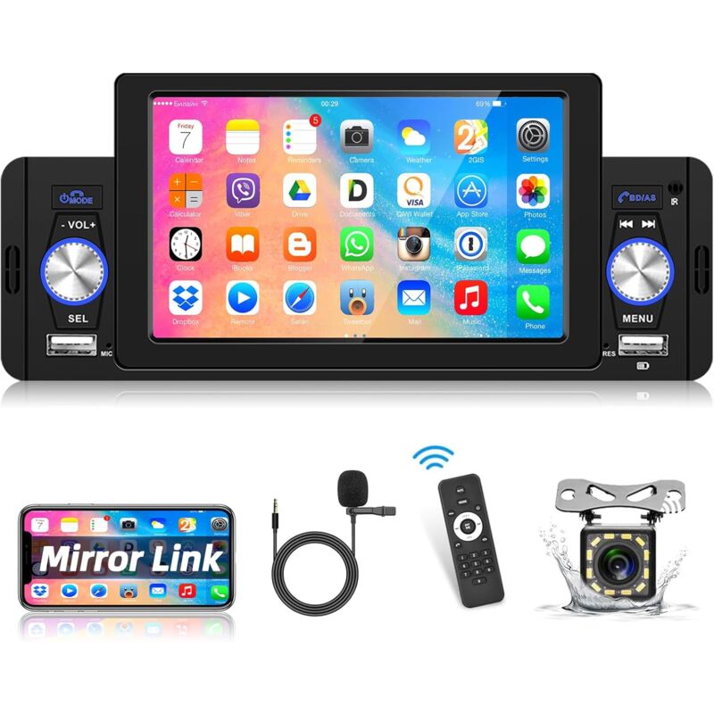 Autoradio 1 Din avec Bluetooth, 5 Pouces Ecran Radio Voiture Support D'écran Récepteur MP5 Lien Miroir, Radio FM, Télécommande, SWC + Caméra de Recul