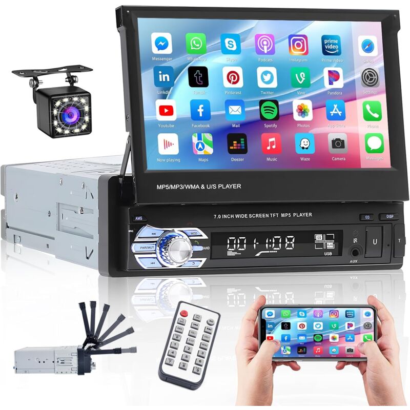 Autoradio 1 Din avec Écran Rétractable HD 7 Pouces Poste Radio 1din avec Bluetooth Mains Libres USB FM Lien Miroir AUX Caméra de Recul