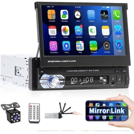 Autoradio 1 Din avec écran rétractable HD 7 Pouces Radio stéréo Automatique Bluetooth Mains Libres USB FM Lien Miroir AUX.[Y742]