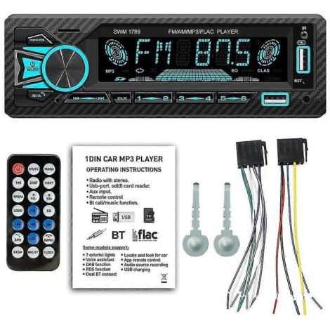 Autoradio 1 DIN avec lecteur MP3 Bluetooth et récepteur FM, télécommande, entrées auxiliaire/USB/carte TF, intégré au tableau de bord.