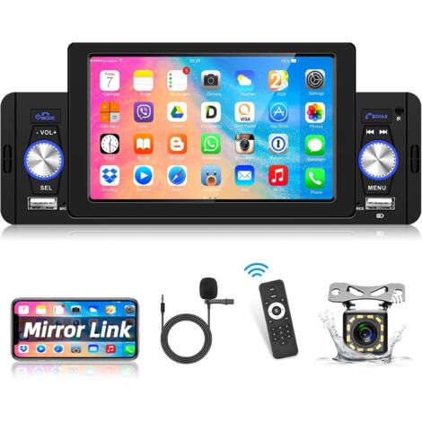 Autoradio 1 Din con Bluetooth, schermo da 5 pollici, supporto per schermo dell'autoradio, ricevitore MP5, collegamento specchio, radio FM, telecomando, SWC + telecamera posteriore e microfono