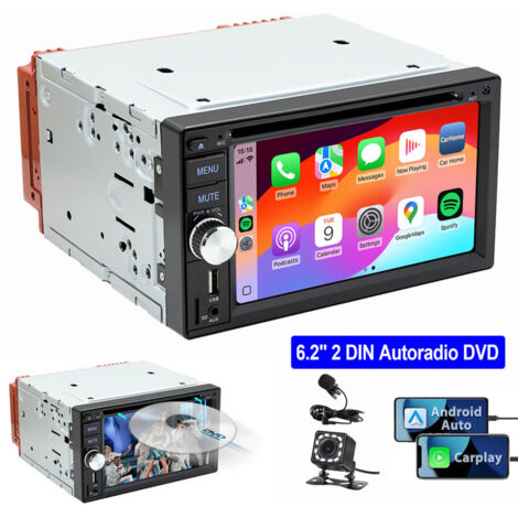 Autoradio 2 DIN filaire Carplay Android Auto avec DVD/CD caméra FM AM RDS USB Bluetooth 6.2" CAM MIC